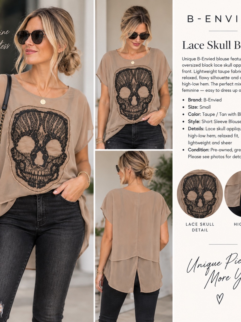 B_Envied Skull Lace Blouse Women’s Small Hi Low Sheer Y2K Goth Boho